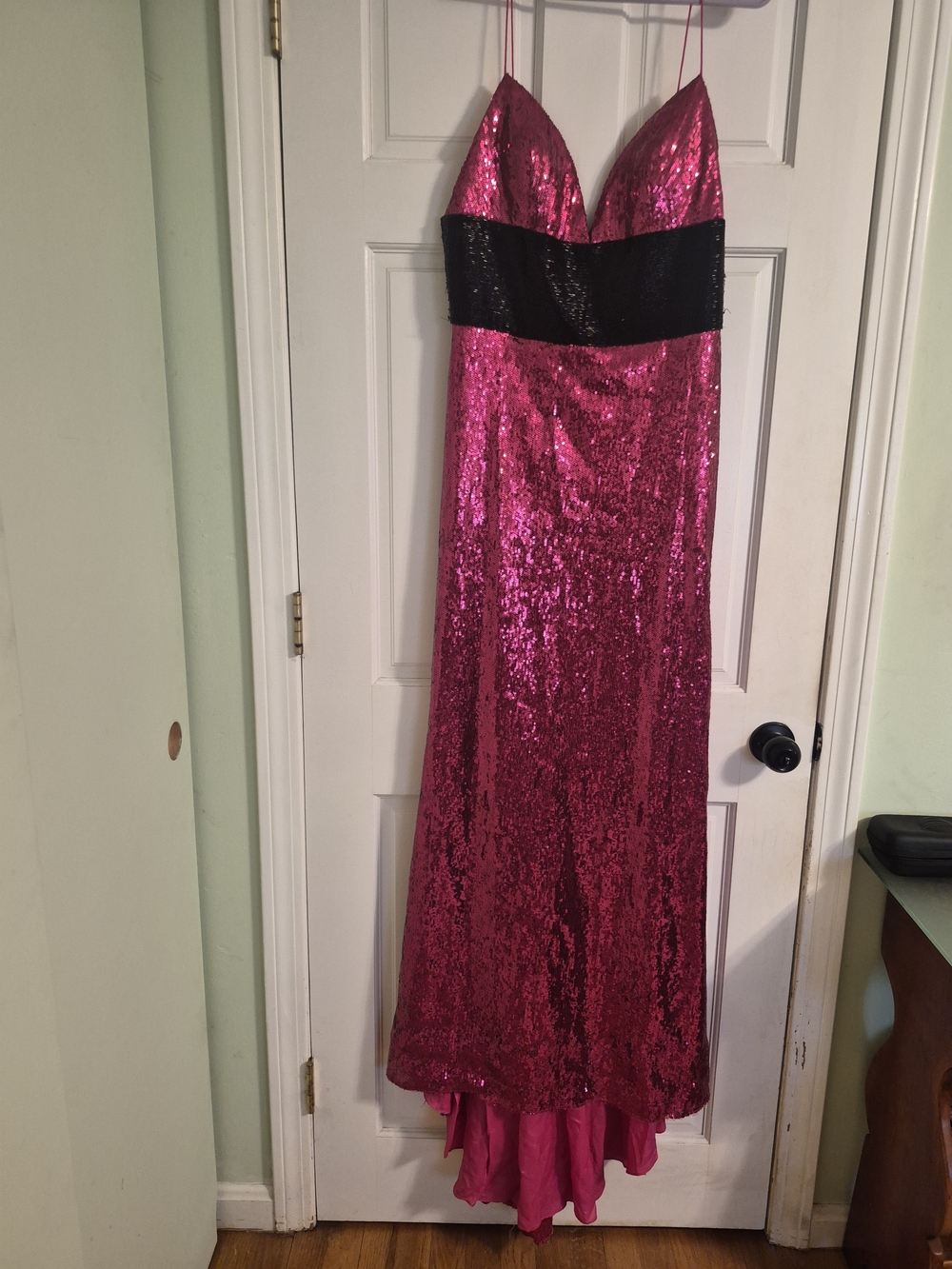 Hot Pink Sequin Evening Gown with Black Waistband